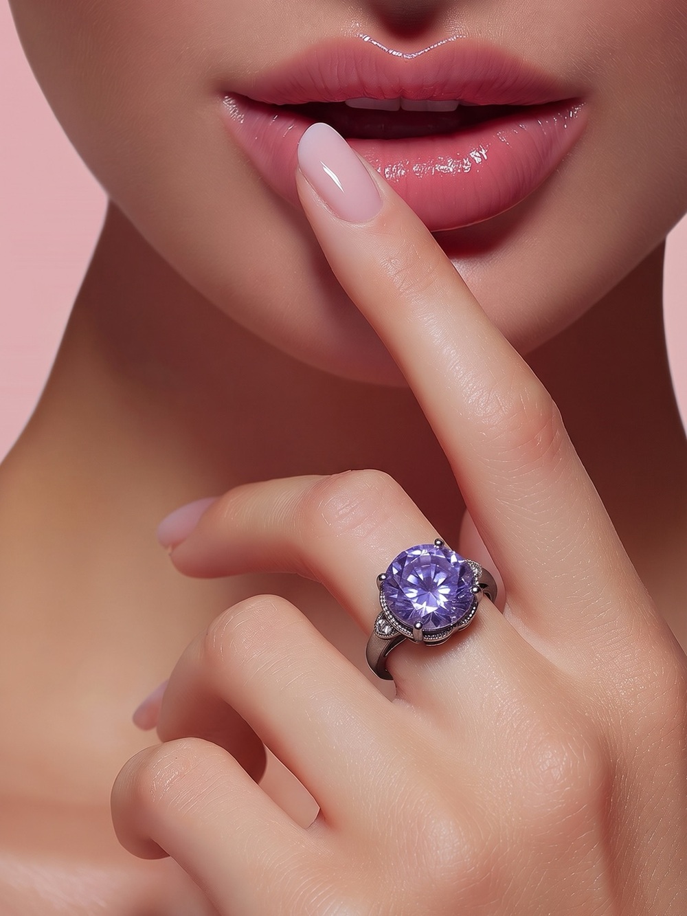 Sterling Silver Lavender Halo Cocktail Ring - Costume Jewelry